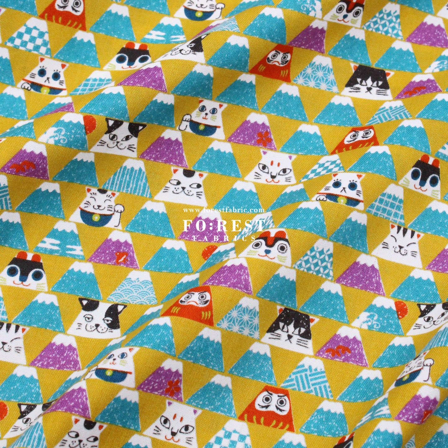 cotton - Lucky cat Mount FUJI fabric Mustard