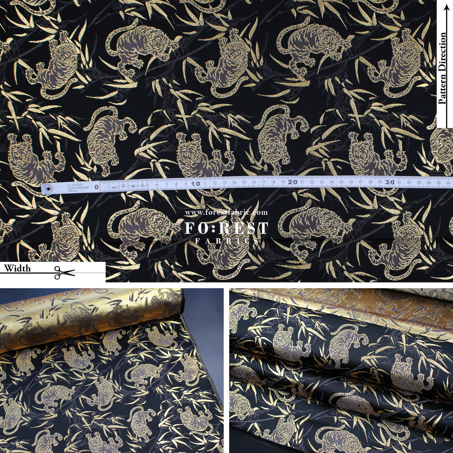 Gold Brocade - Tiger bamboo fabric Black