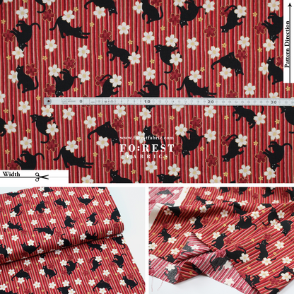 cotton - Sakura Strip cat fabric Red