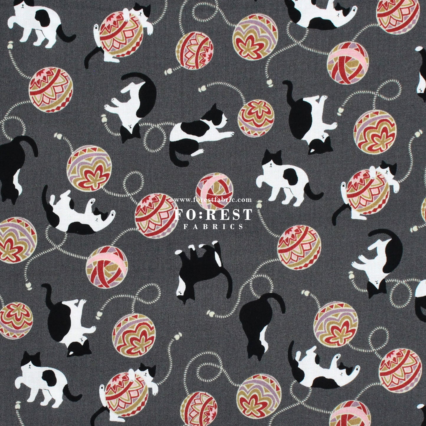 cotton - Cute Ball Cats fabric Charcoal