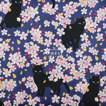 cotton - Sakura Blooms cat fabric Navy