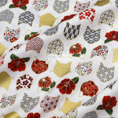 cotton - Tsubaki flower cat fabric Cream