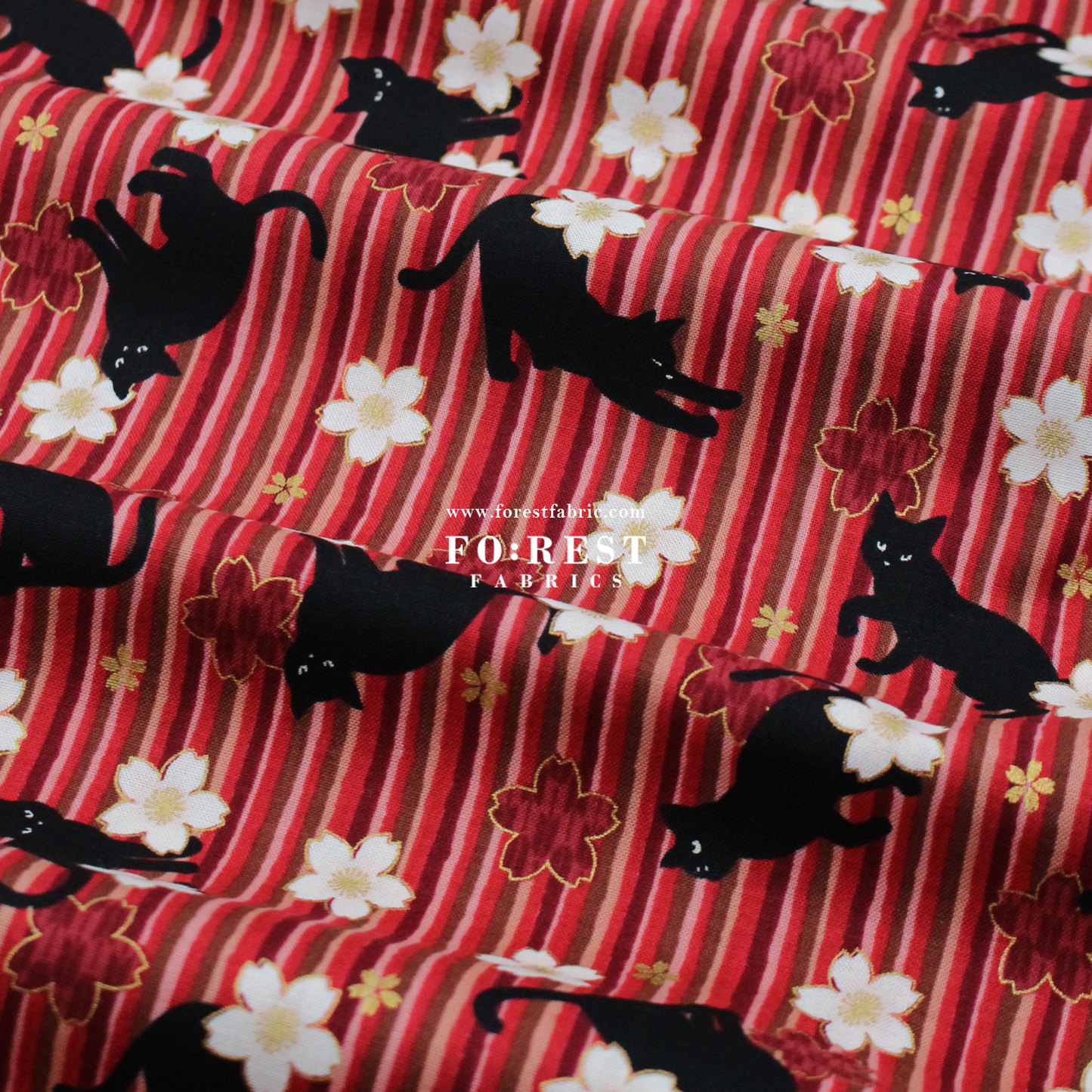 cotton - Sakura Strip cat fabric Red