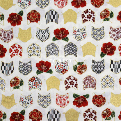 cotton - Tsubaki flower cat fabric Cream