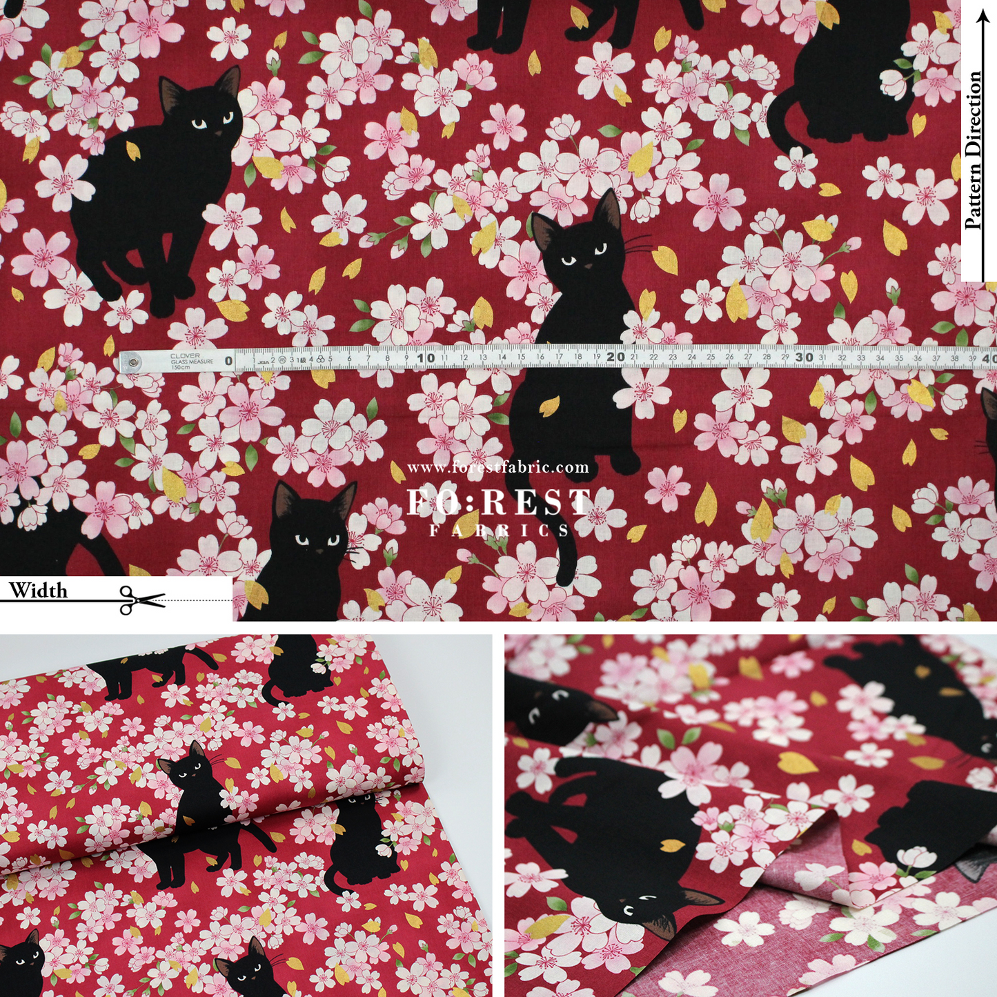 cotton - Sakura Blooms cat fabric Red