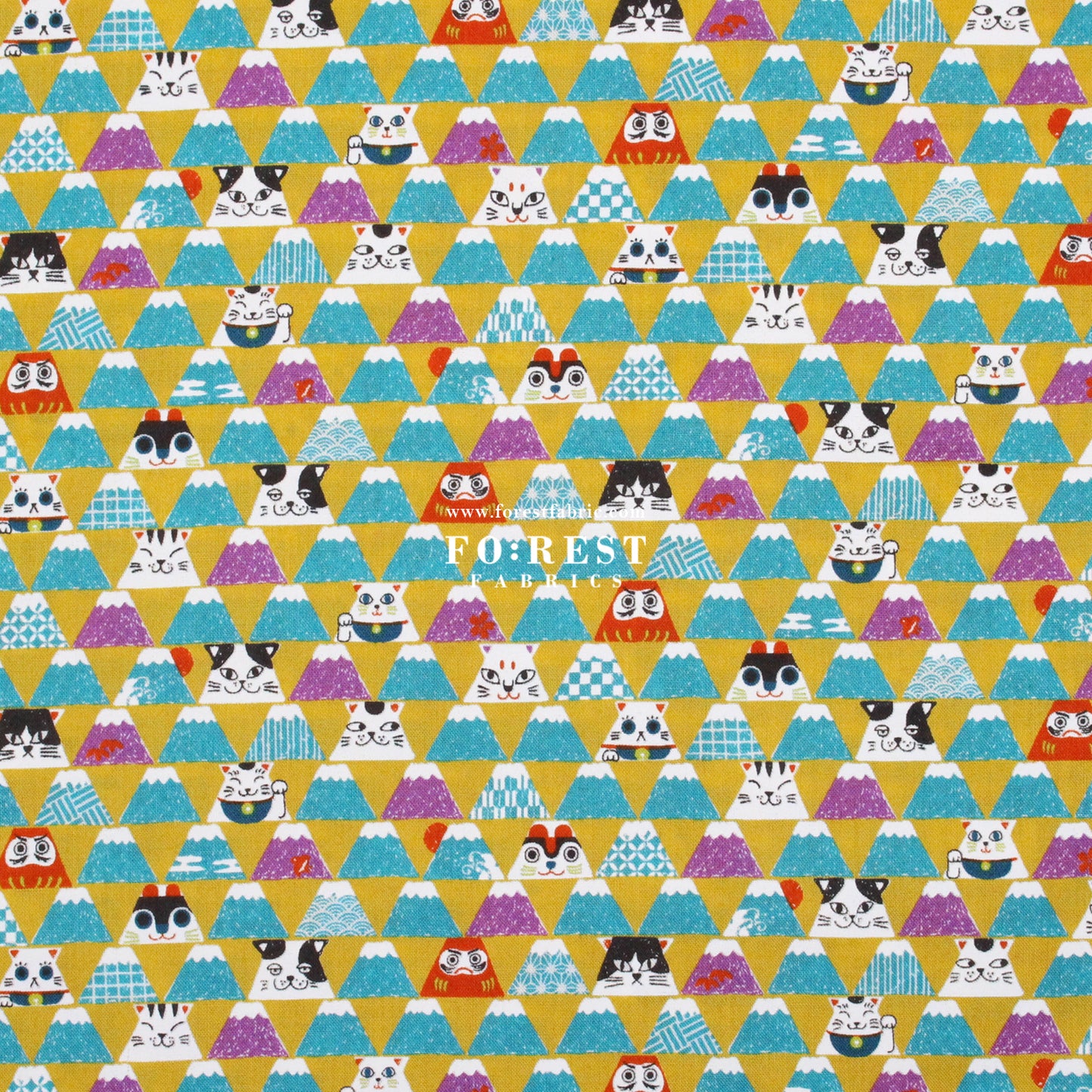 cotton - Lucky cat Mount FUJI fabric Mustard