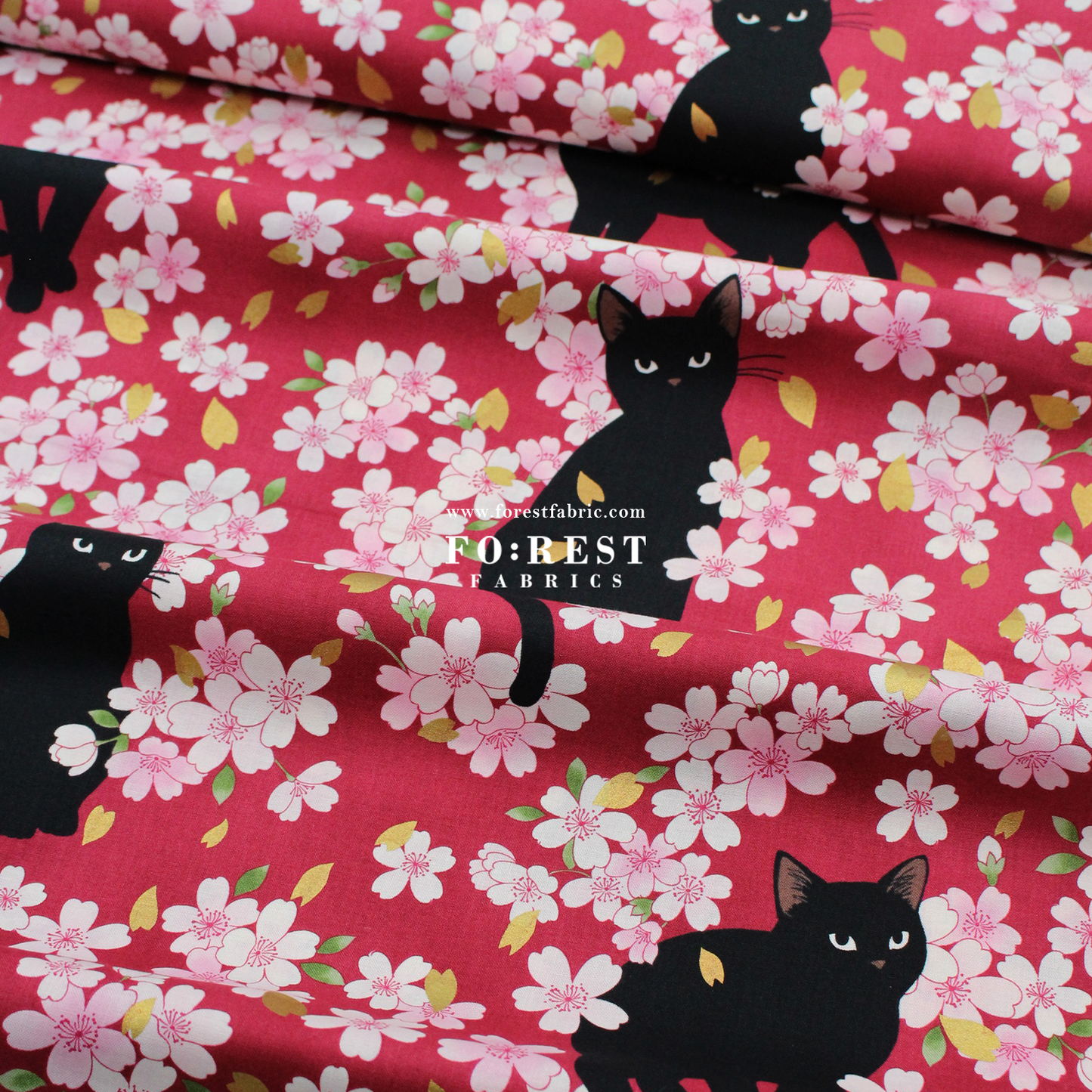 cotton - Sakura Blooms cat fabric Red