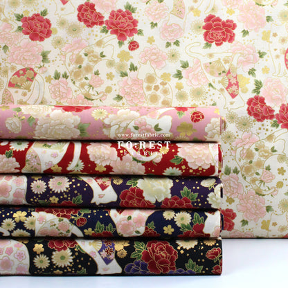 cotton - Peony Blooms cat fabric Cream