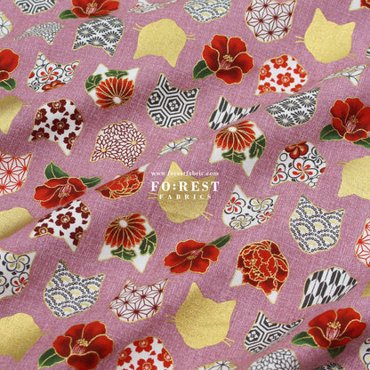 cotton - Tsubaki flower cat fabric Pink