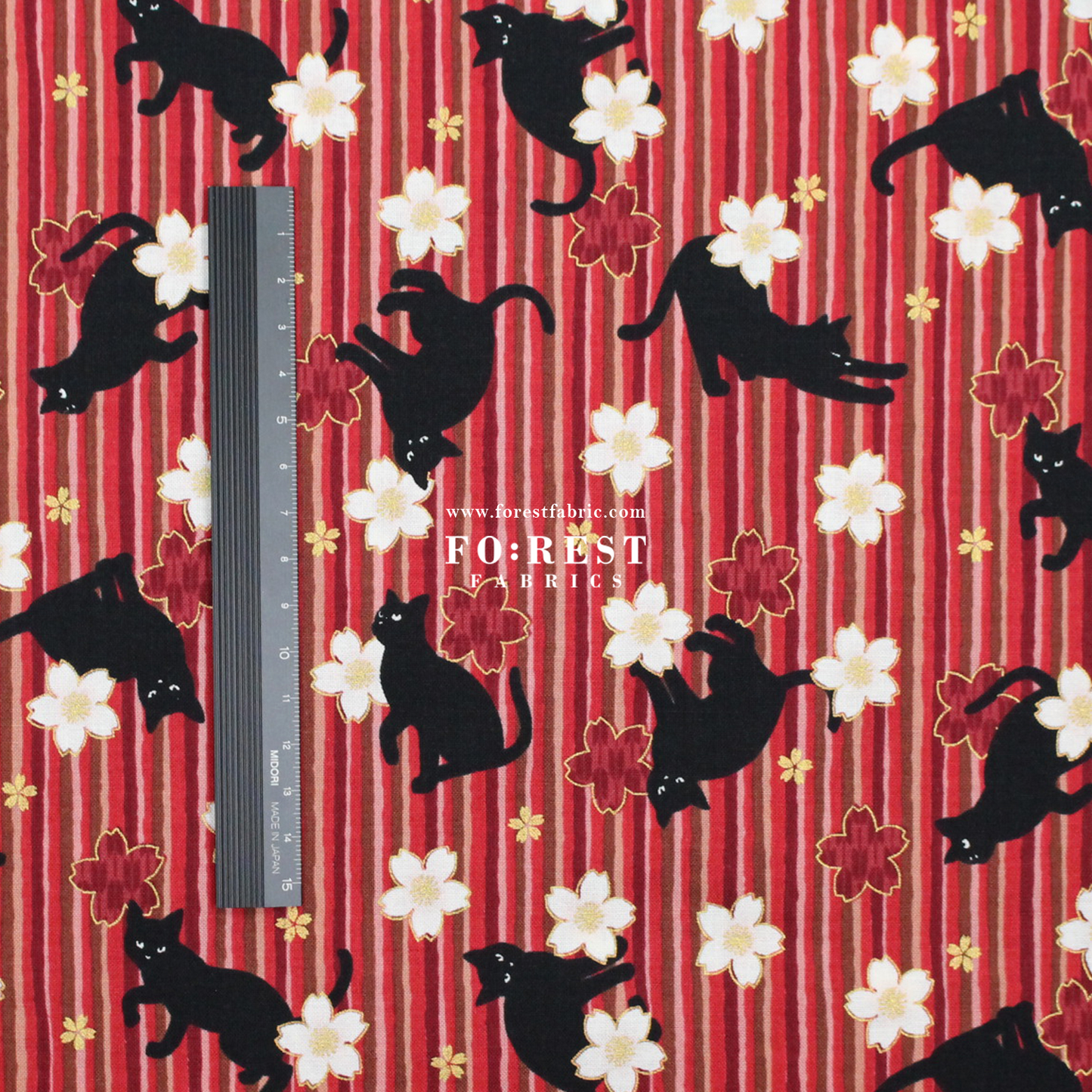 cotton - Sakura Strip cat fabric Red