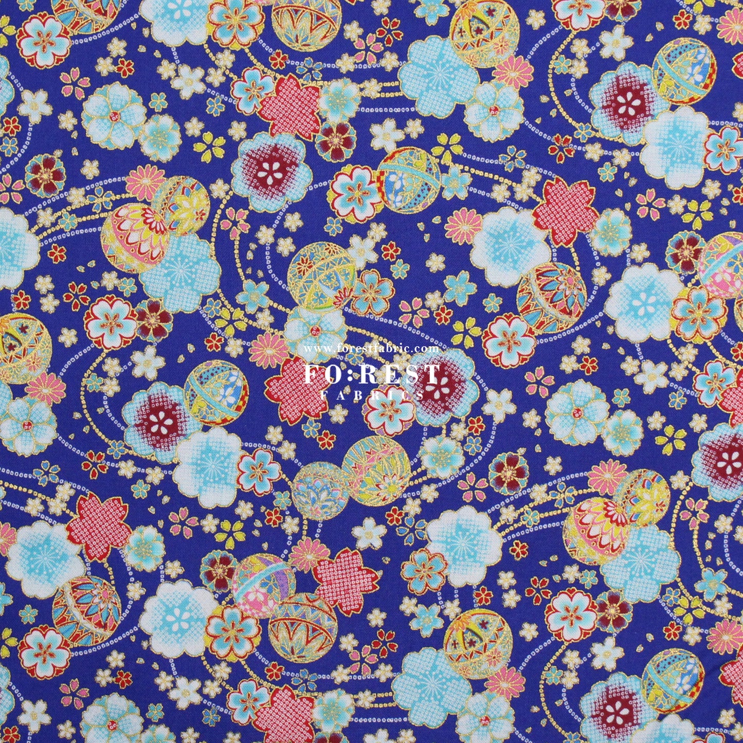 cotton - Decorative Temari Balls Sakura fabric Blue