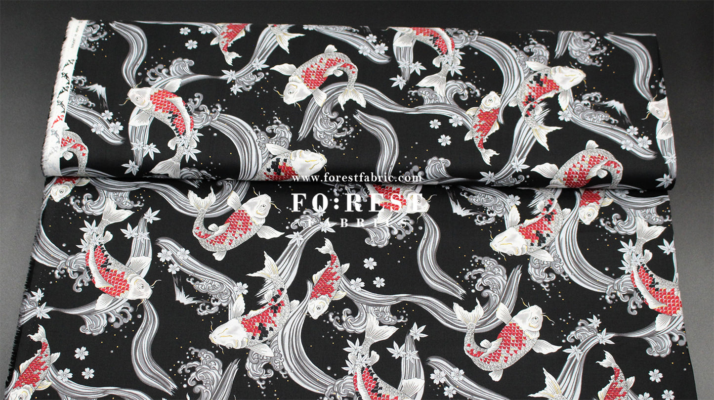 cotton - Koi Fuji mountain with metallic fabric Black