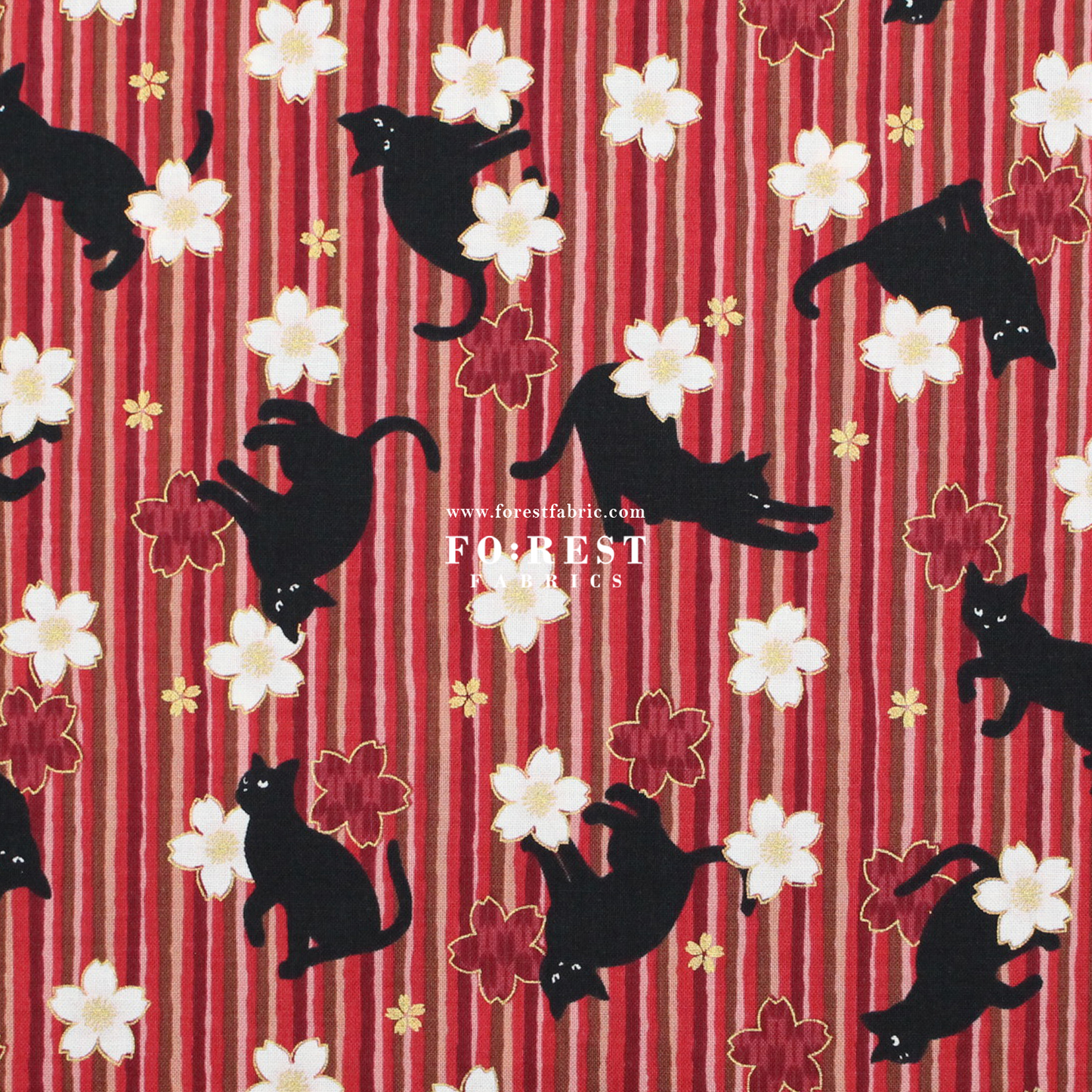 cotton - Sakura Strip cat fabric Red