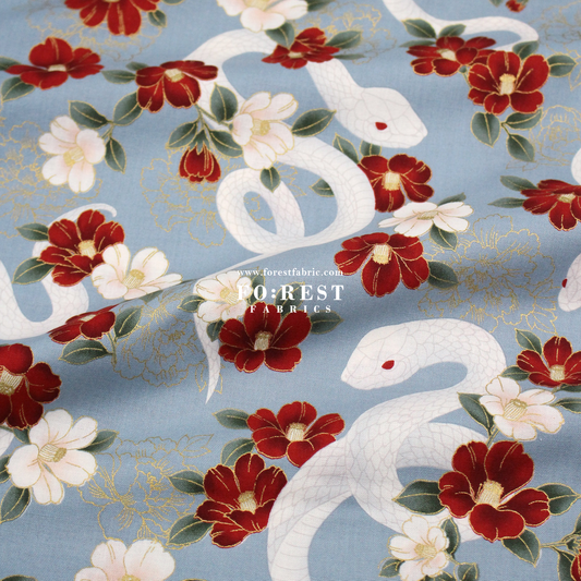 cotton - Sanke Peony金彩白蛇 fabric Blue