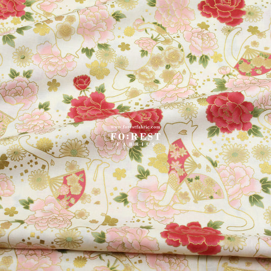 cotton - Peony Blooms cat fabric Cream