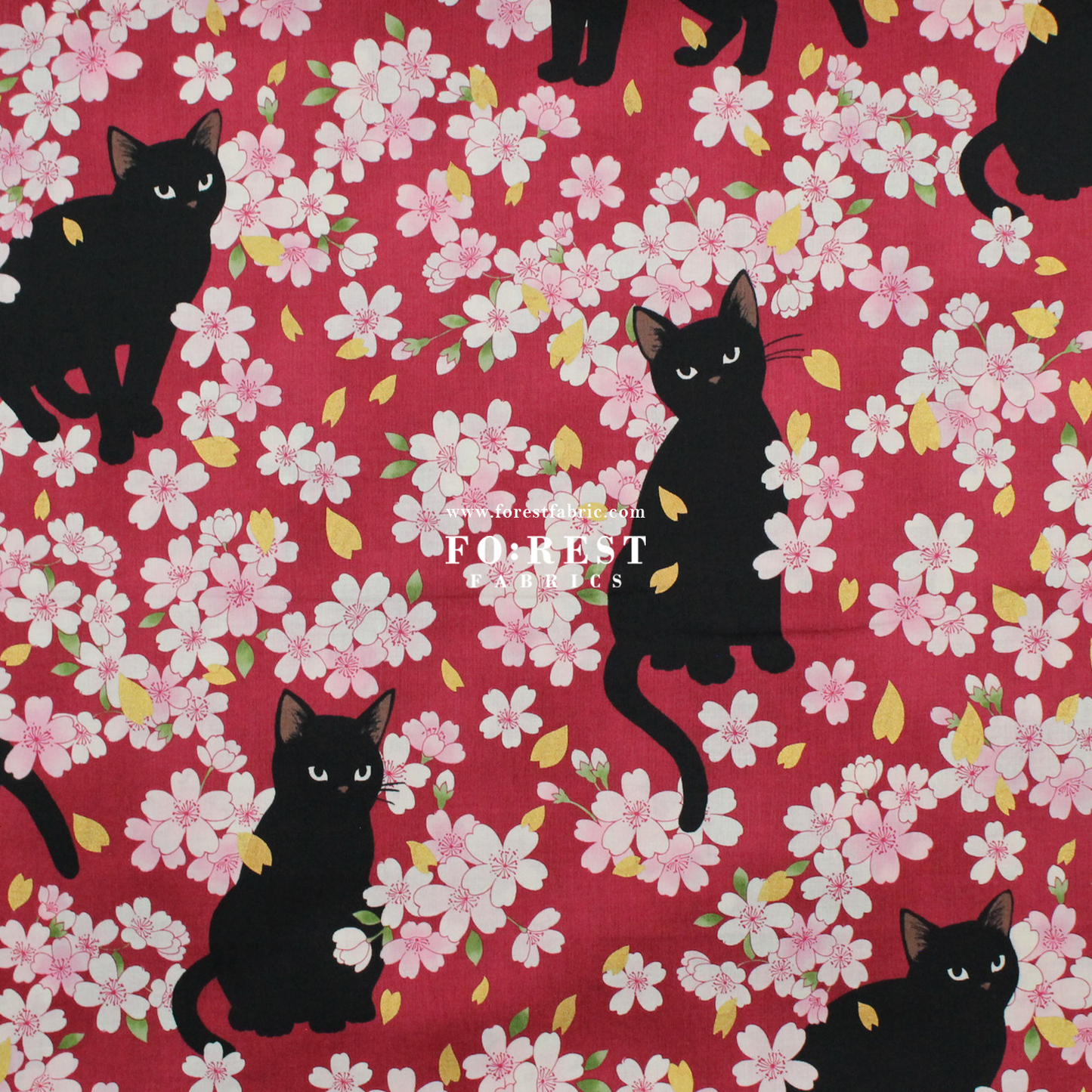 cotton - Sakura Blooms cat fabric Red