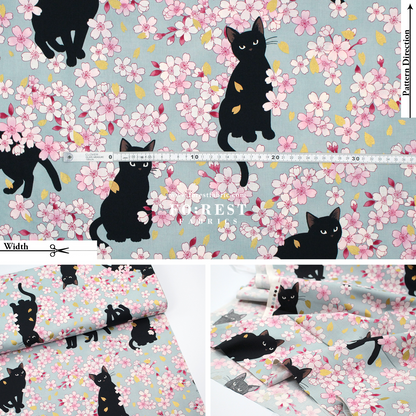 cotton - Sakura Blooms cat fabric Blue