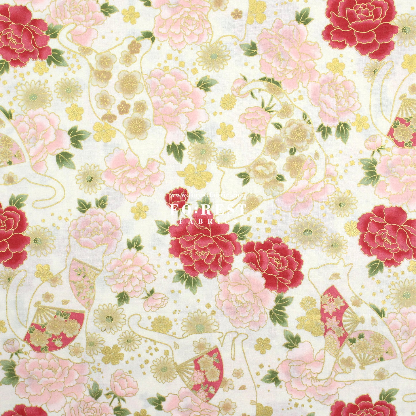 cotton - Peony Blooms cat fabric Cream