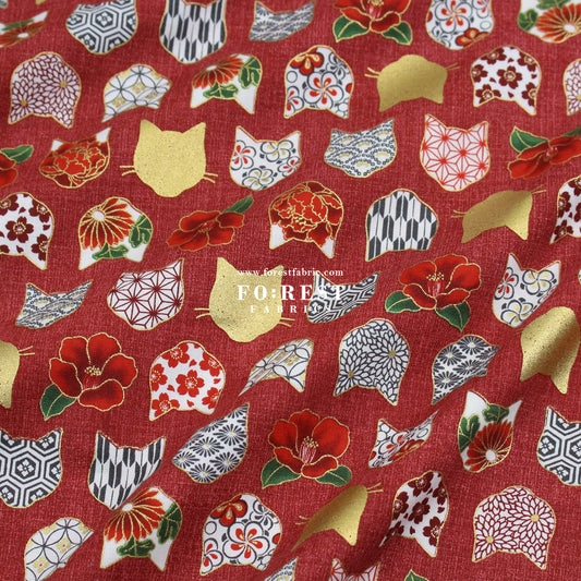 cotton - Tsubaki flower cat fabric Red