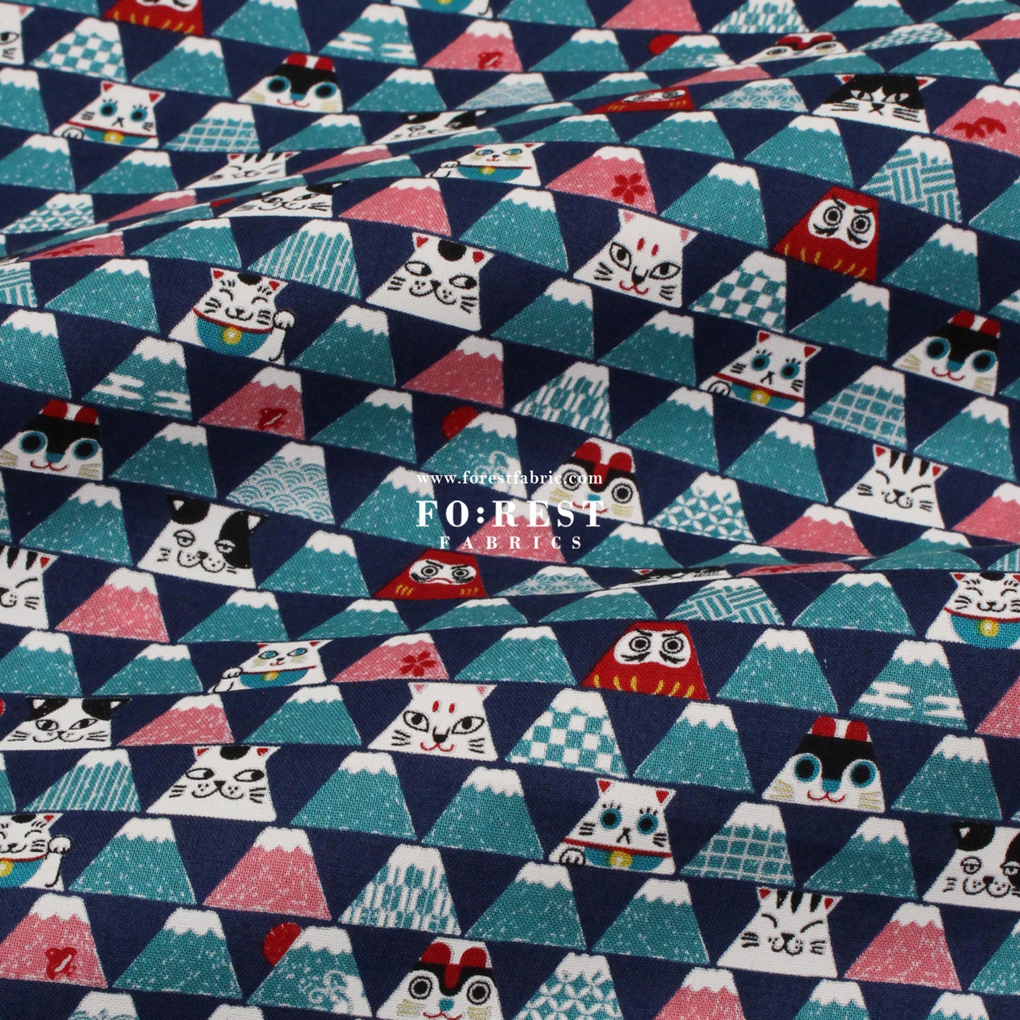 cotton - Lucky cat Mount FUJI fabric Navy