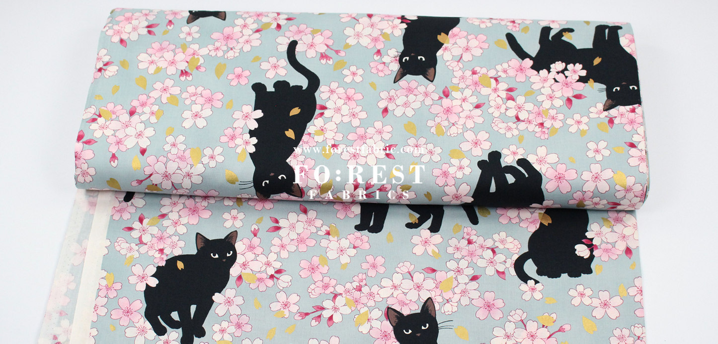 cotton - Sakura Blooms cat fabric Blue