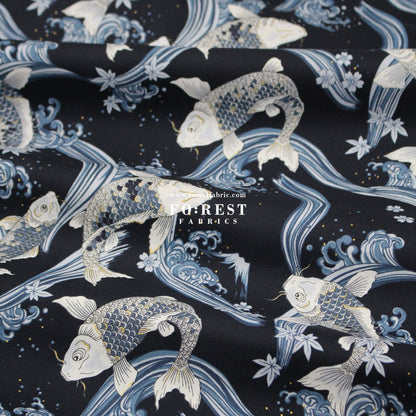 cotton - Koi Fuji mountain with metallic fabric Navy