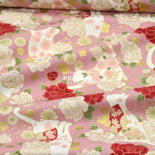 cotton - Peony Blooms cat fabric Pink