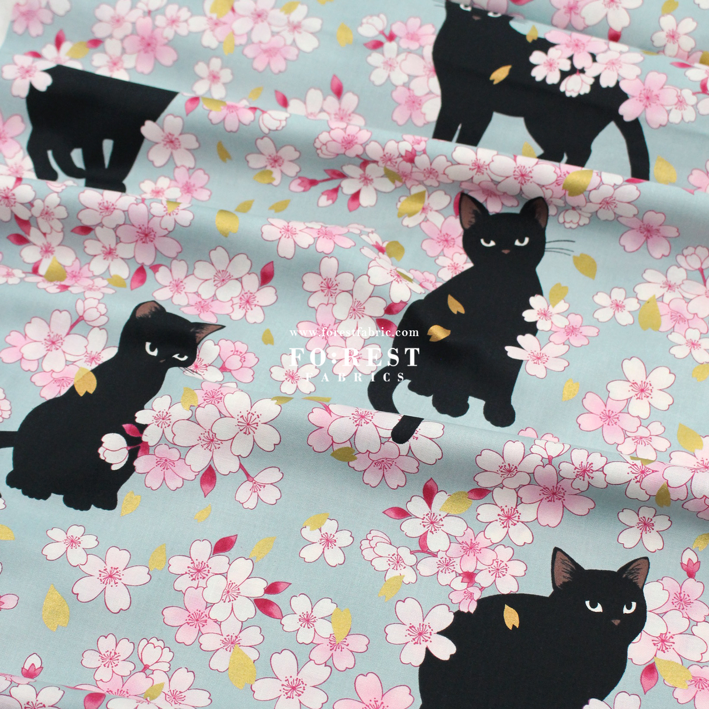 cotton - Sakura Blooms cat fabric Blue