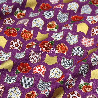 cotton - Tsubaki flower cat fabric Purple