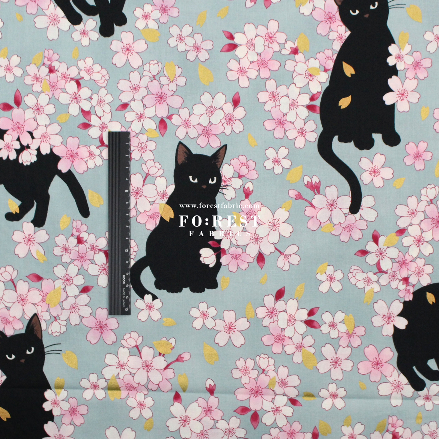 cotton - Sakura Blooms cat fabric Blue