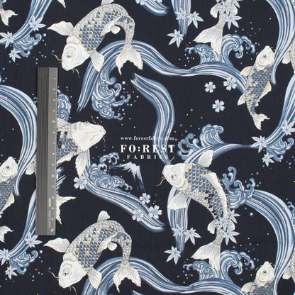 cotton - Koi Fuji mountain with metallic fabric Navy