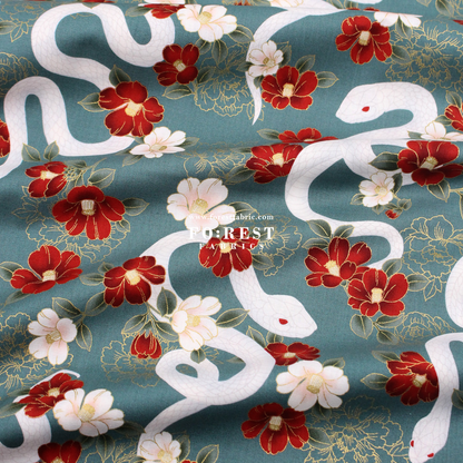 cotton - Sanke Peony金彩白蛇 fabric Green