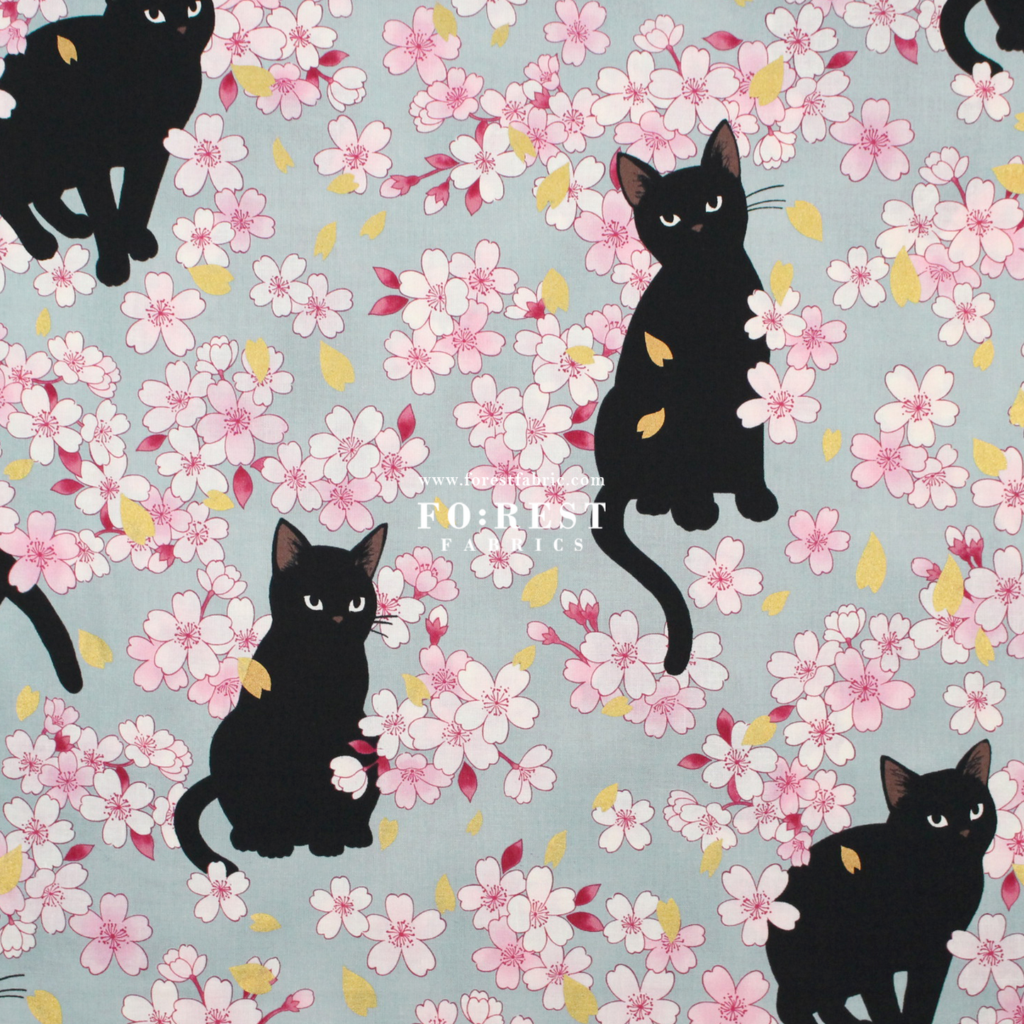 cotton - Sakura Blooms cat fabric Blue