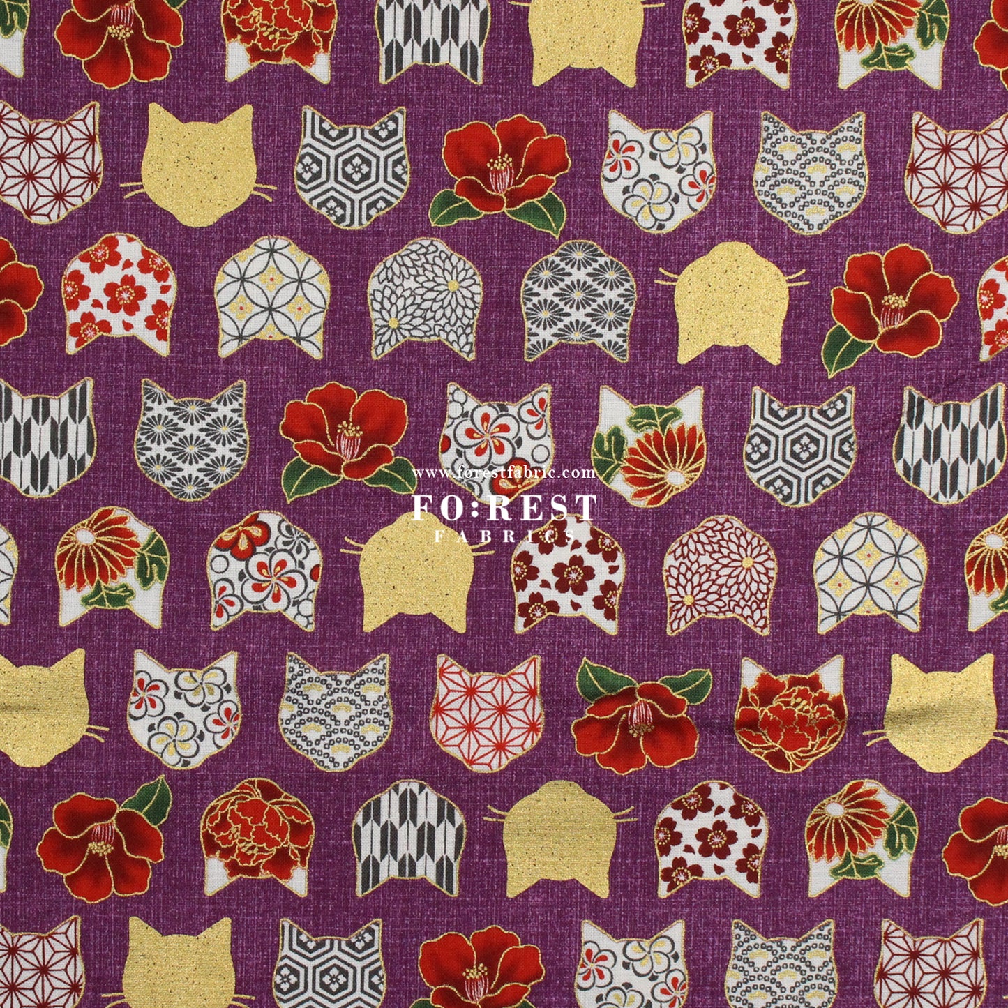 cotton - Tsubaki flower cat fabric Purple