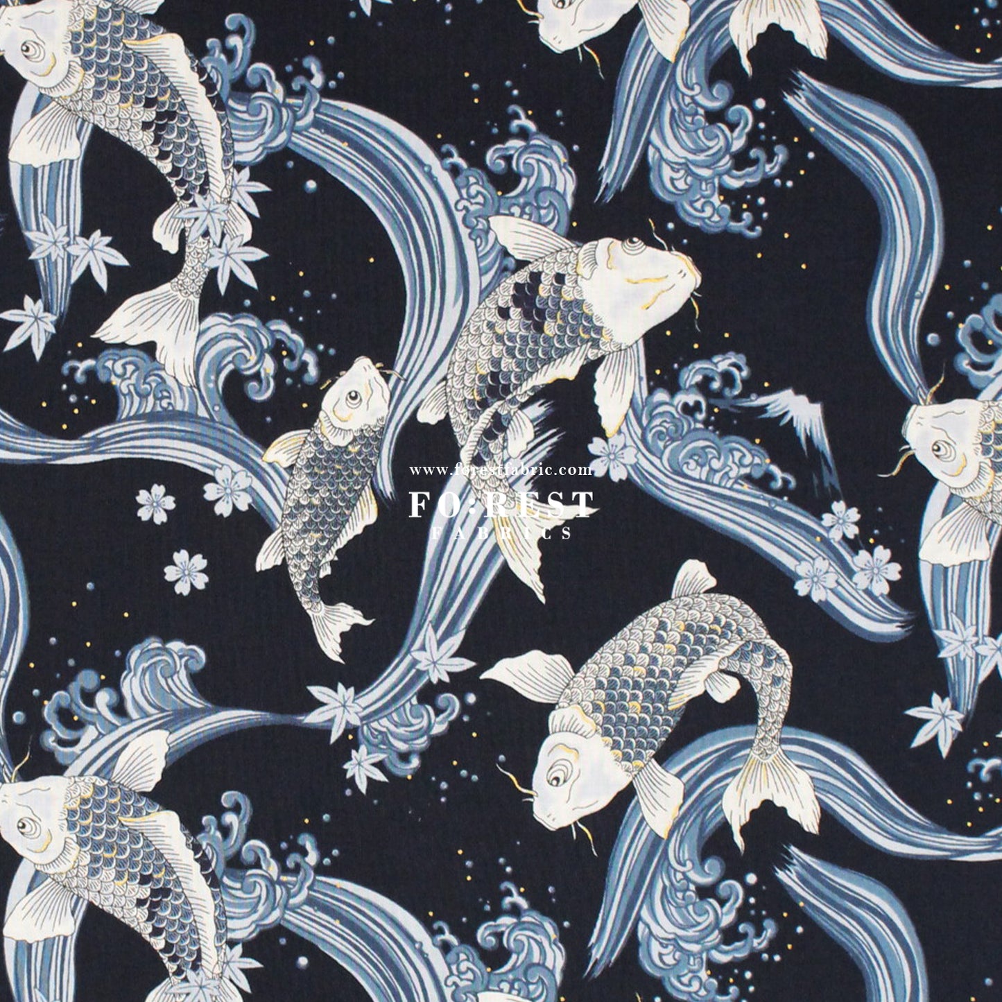 cotton - Koi Fuji mountain with metallic fabric Navy