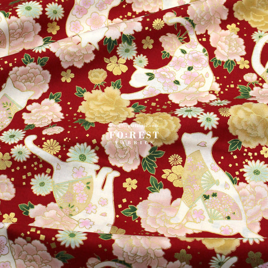 cotton - Peony Blooms cat fabric Red