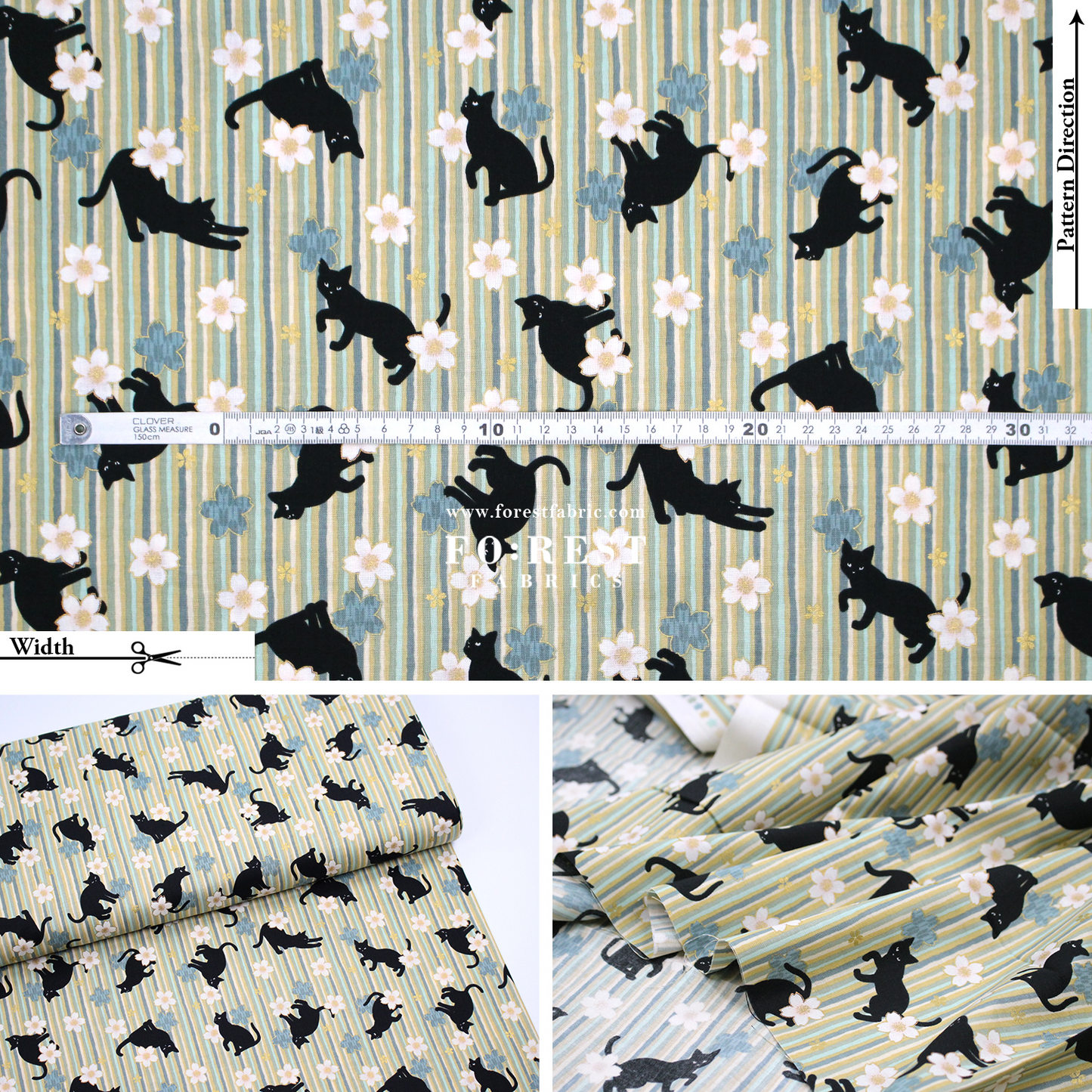 cotton - Sakura Strip cat fabric Green