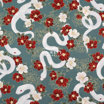 cotton - Sanke Peony金彩白蛇 fabric Green