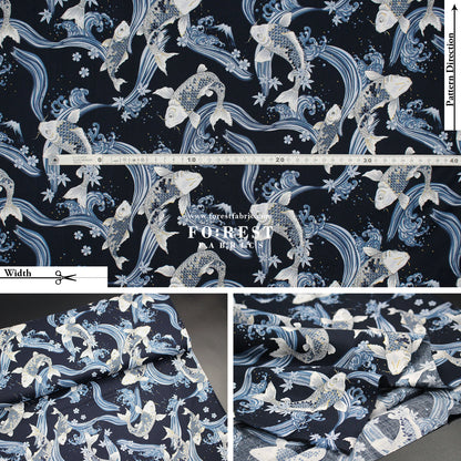 cotton - Koi Fuji mountain with metallic fabric Navy