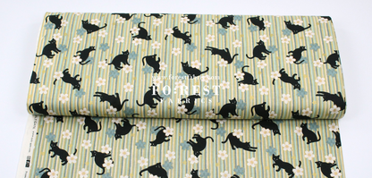 cotton - Sakura Strip cat fabric Green