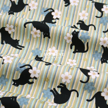 cotton - Sakura Strip cat fabric Green