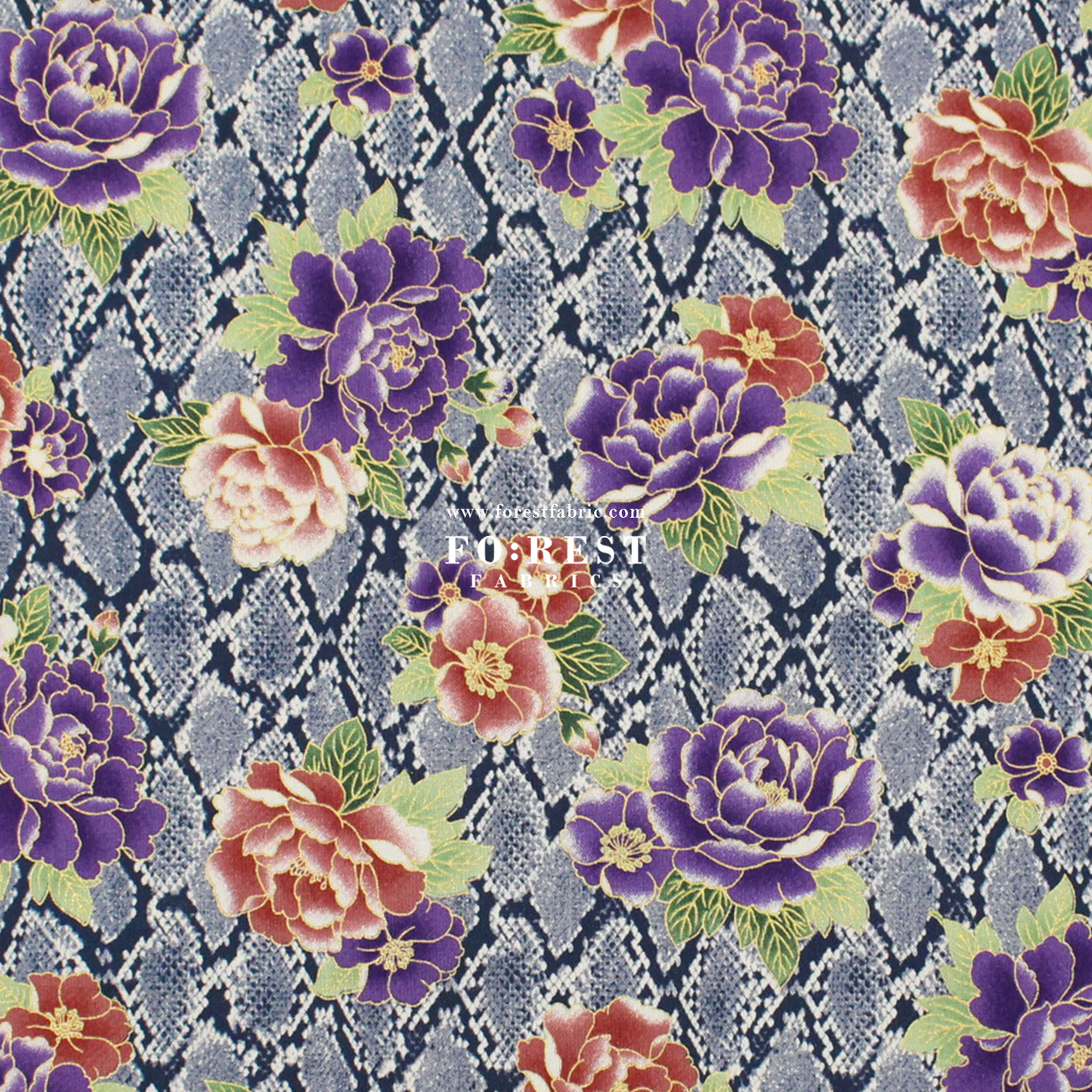 cotton - Sanke Peony金彩白蛇 fabric Navy