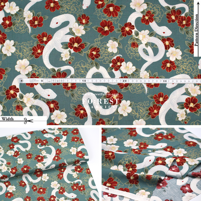 cotton - Sanke Peony金彩白蛇 fabric Green