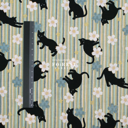 cotton - Sakura Strip cat fabric Green