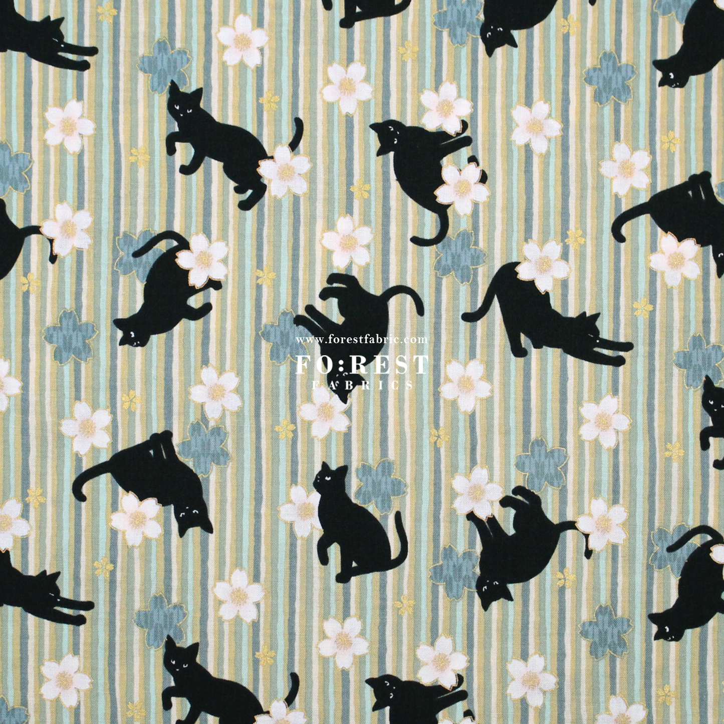 cotton - Sakura Strip cat fabric Green