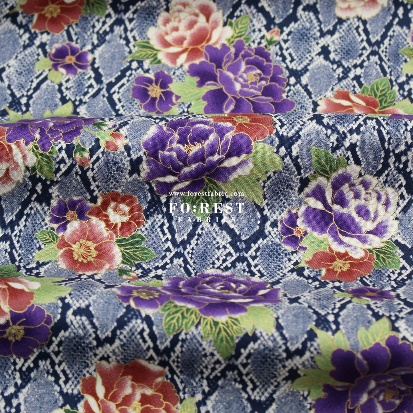 cotton - Sanke Peony金彩白蛇 fabric Navy