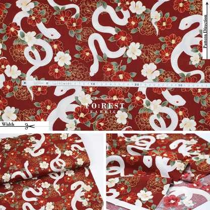 cotton - Sanke Peony金彩白蛇 fabric Red