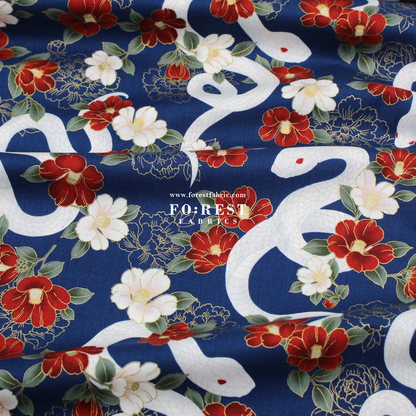 cotton - Sanke Peony金彩白蛇 fabric Navy