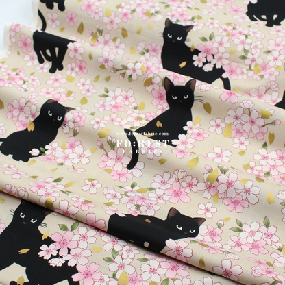 cotton - Sakura Blooms cat fabric Cream