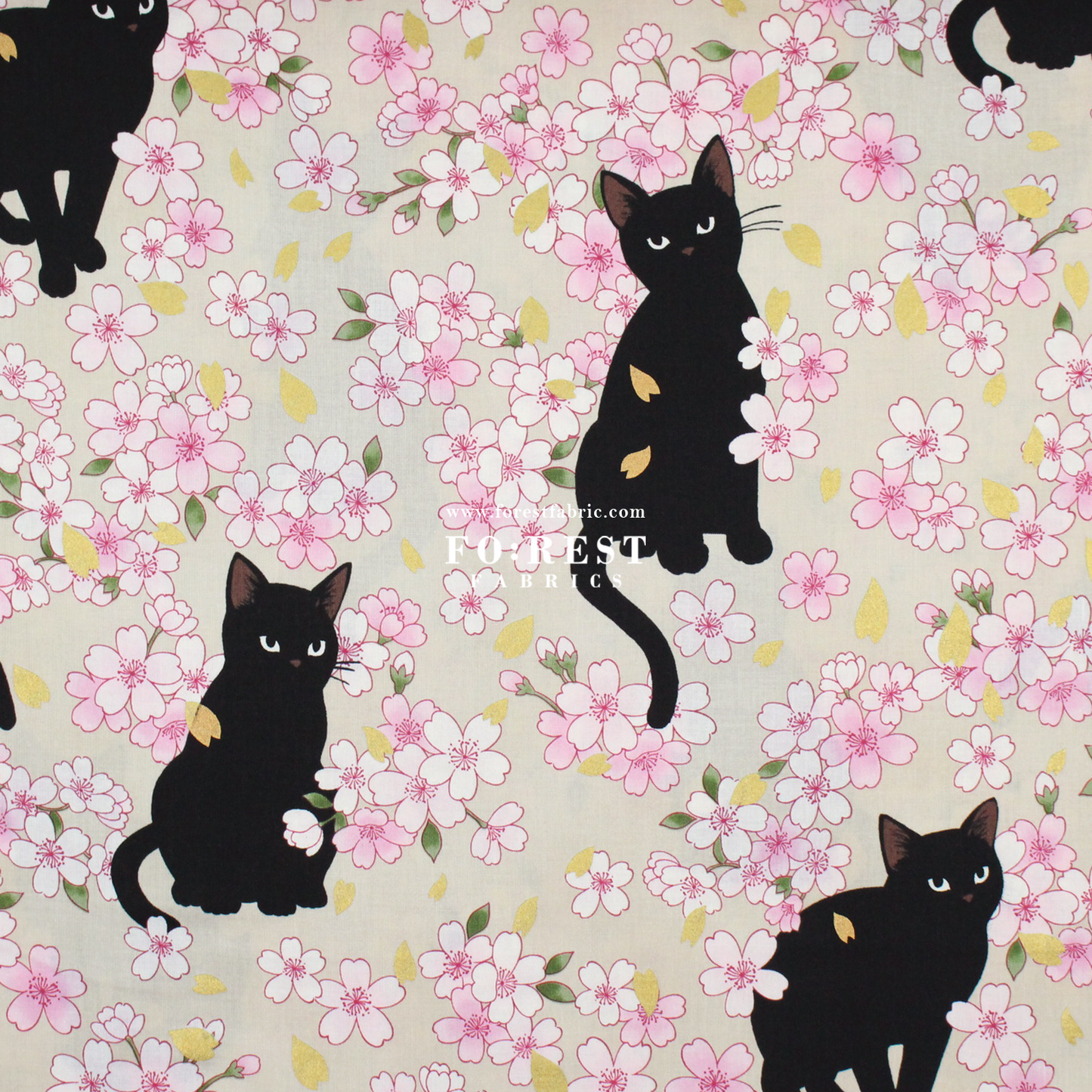 cotton - Sakura Blooms cat fabric Cream